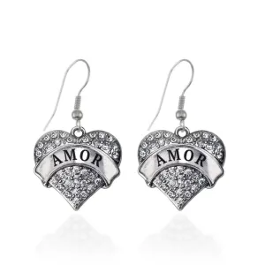 Silver Amor Pave Heart Charm Dangle Earrings