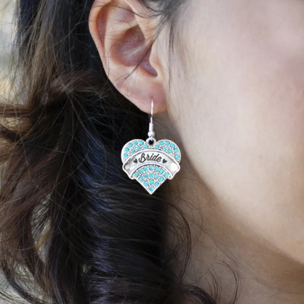 Silver Aqua Bride Aqua Pave Heart Charm Dangle Earrings