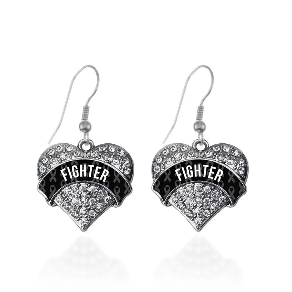 Silver Black Fighter Pave Heart Charm Dangle Earrings