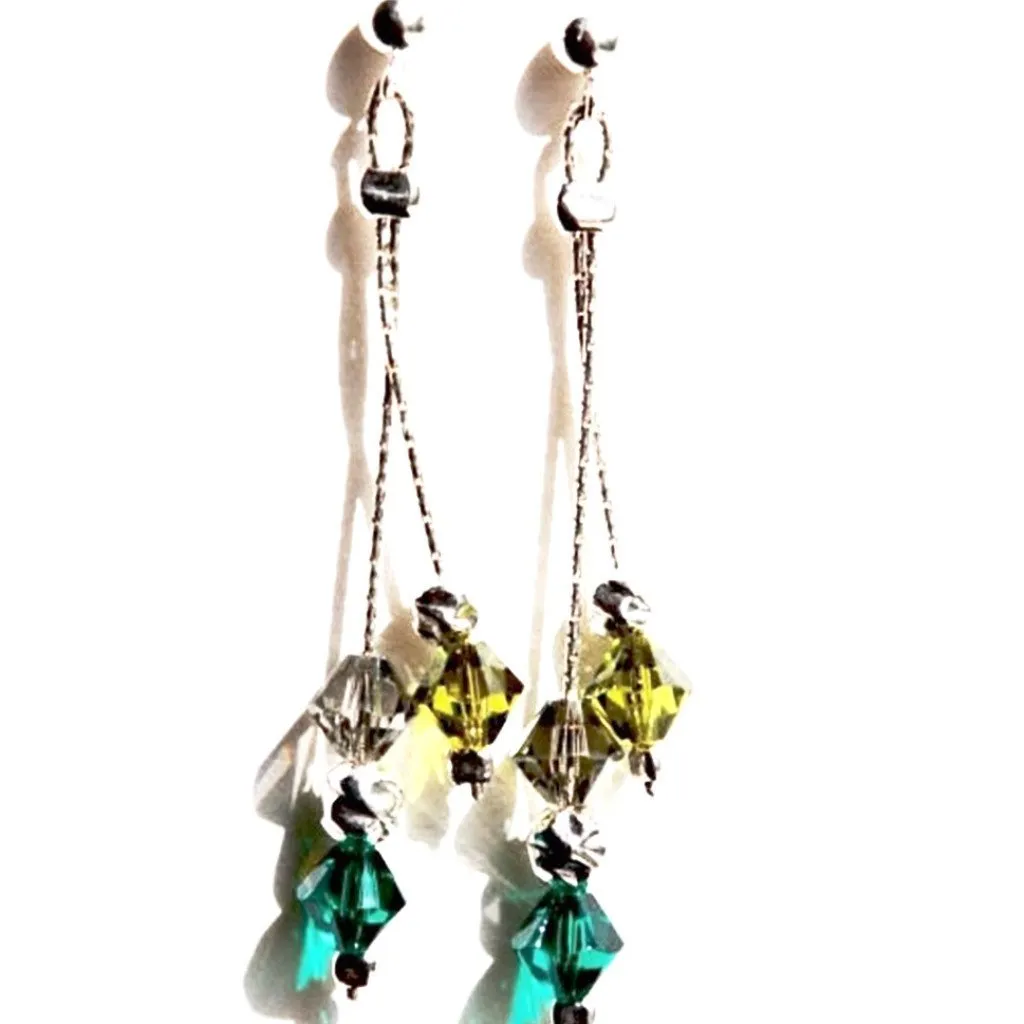 Silver earrings, Dangle Bridesmaid earrings,  turquoise & light green crystals