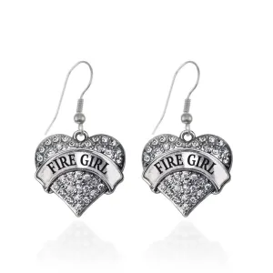 Silver Fire Girl Pave Heart Charm Dangle Earrings