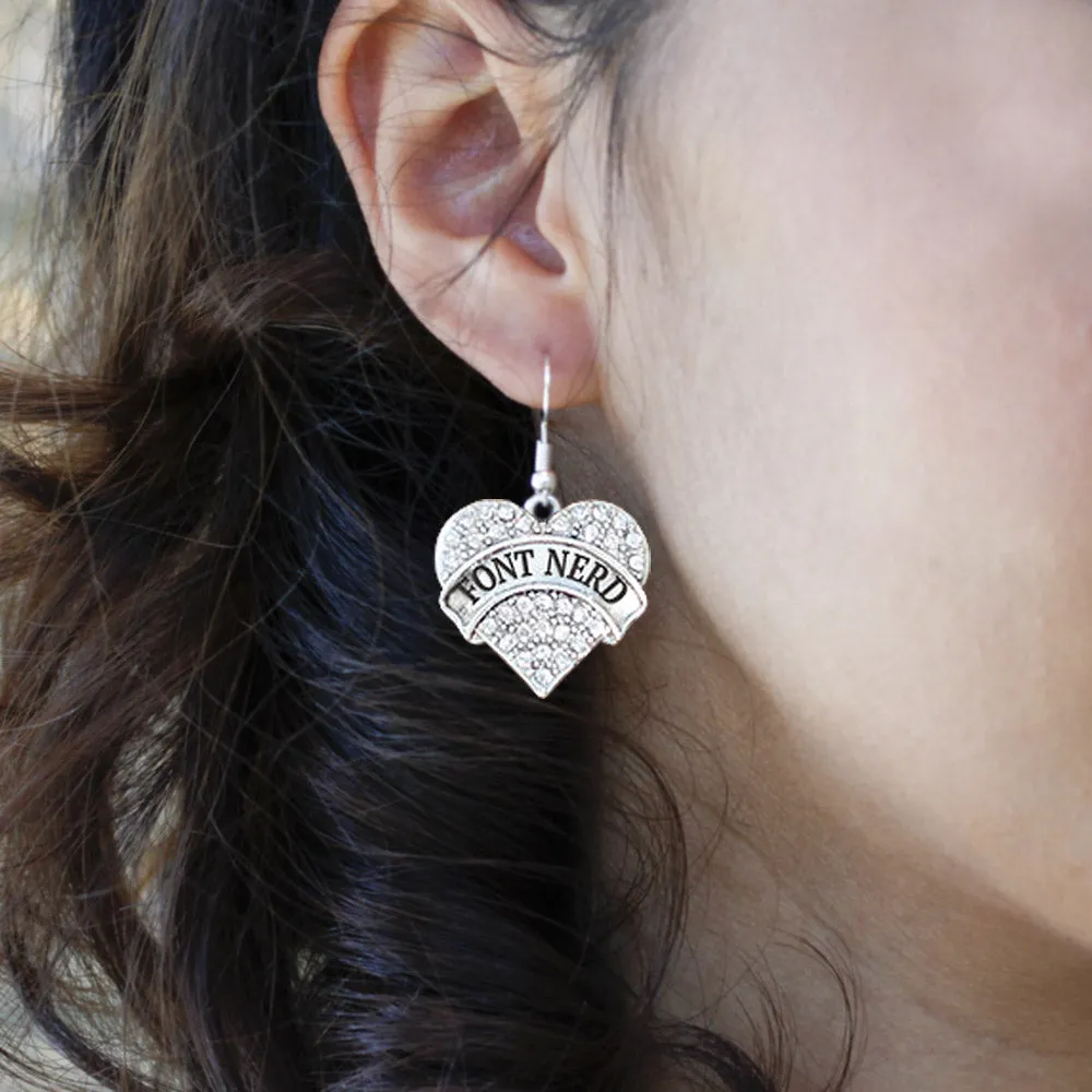 Silver Font Nerd Pave Heart Charm Dangle Earrings