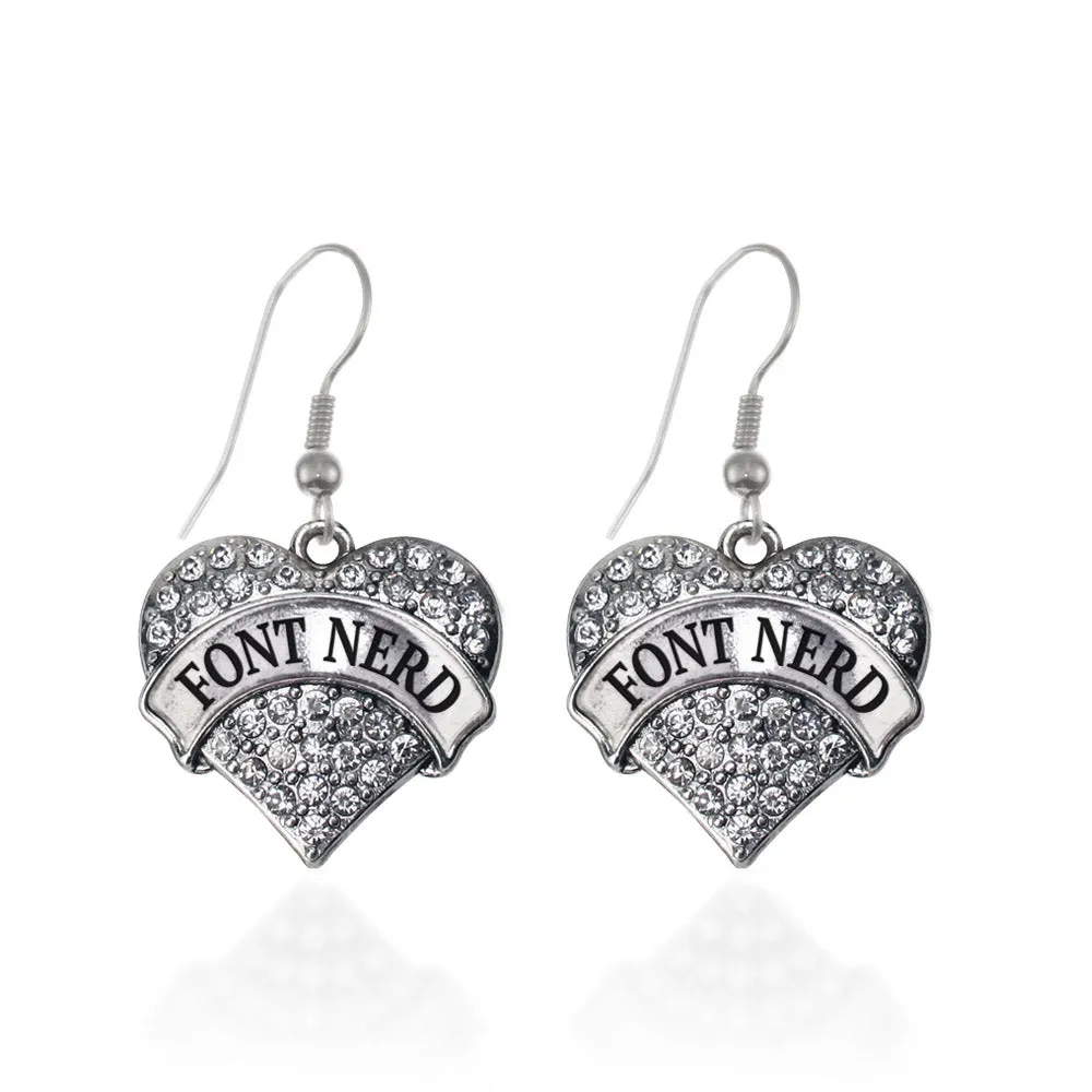 Silver Font Nerd Pave Heart Charm Dangle Earrings