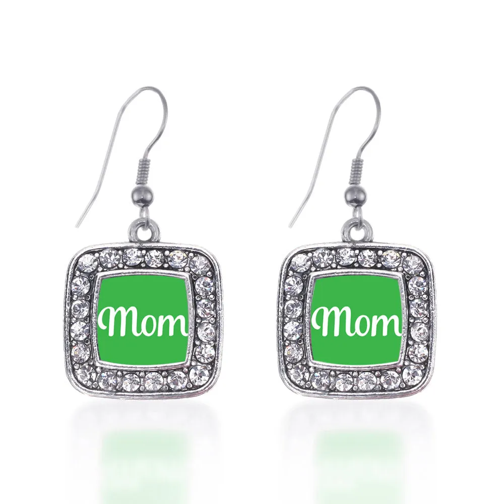 Silver Green Mom Square Charm Dangle Earrings