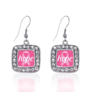 Silver Hope Breast Cancer Awareness Square Charm Dangle Earrings