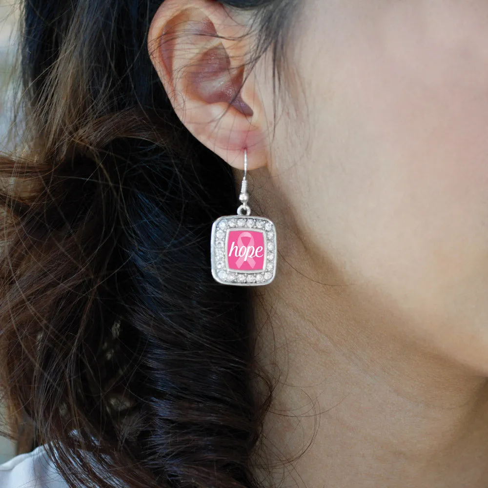 Silver Hope Breast Cancer Awareness Square Charm Dangle Earrings