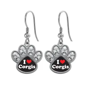 Silver I Love Corgis Pave Paw Charm Dangle Earrings