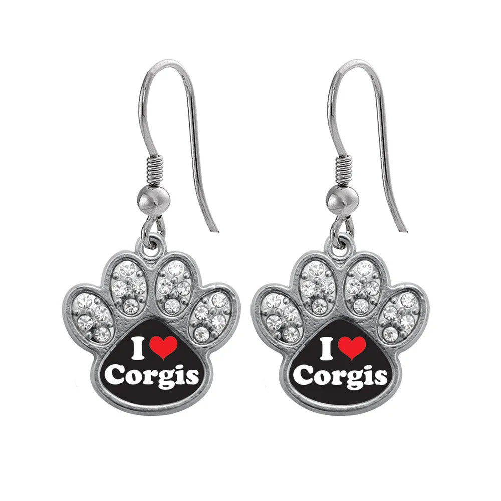 Silver I Love Corgis Pave Paw Charm Dangle Earrings