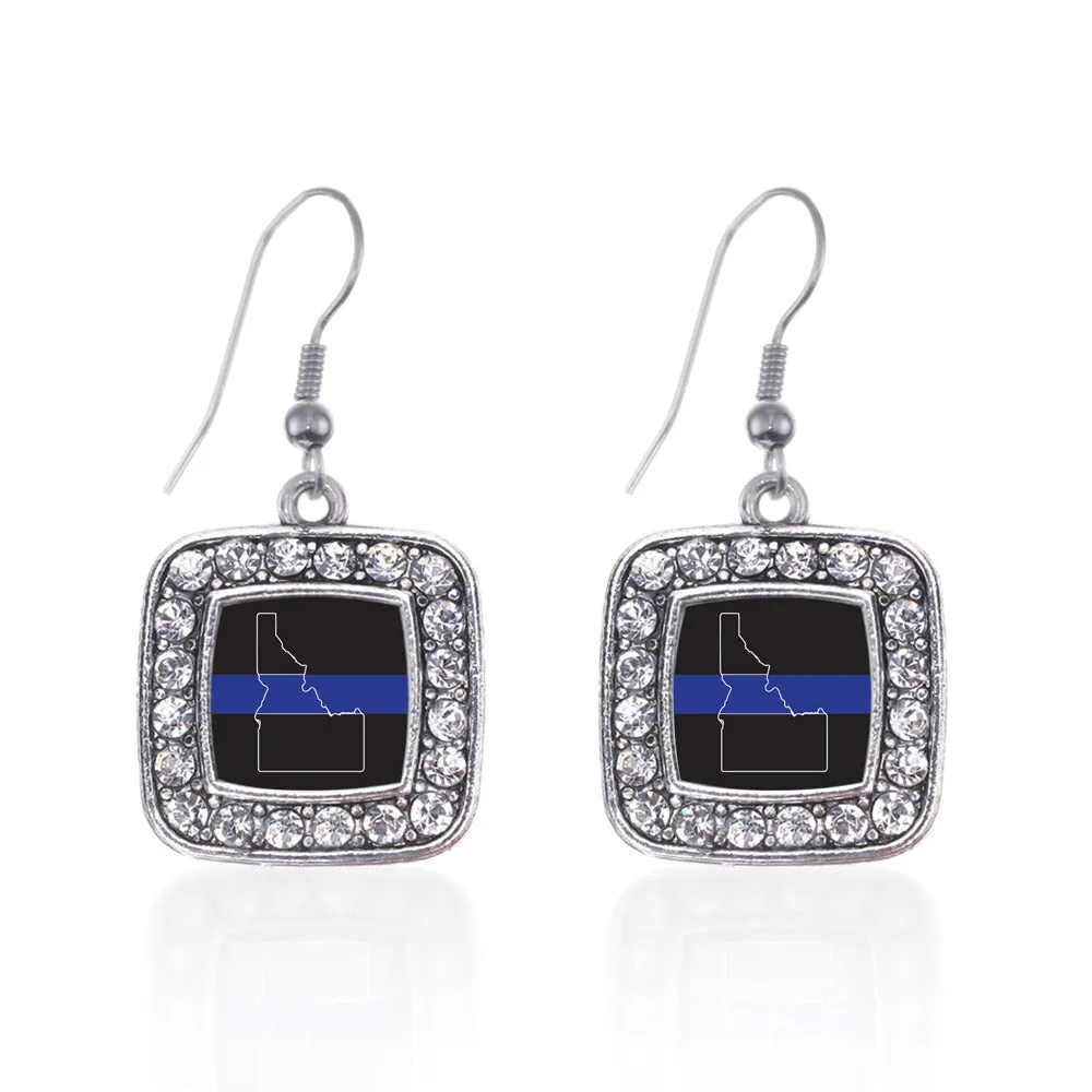 Silver Idaho Thin Blue Line Square Charm Dangle Earrings