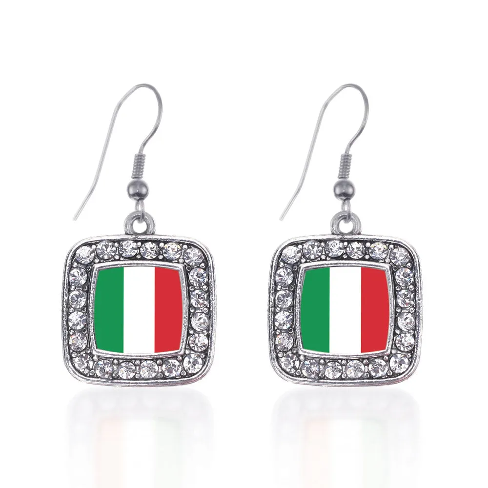 Silver Italian Flag Square Charm Dangle Earrings