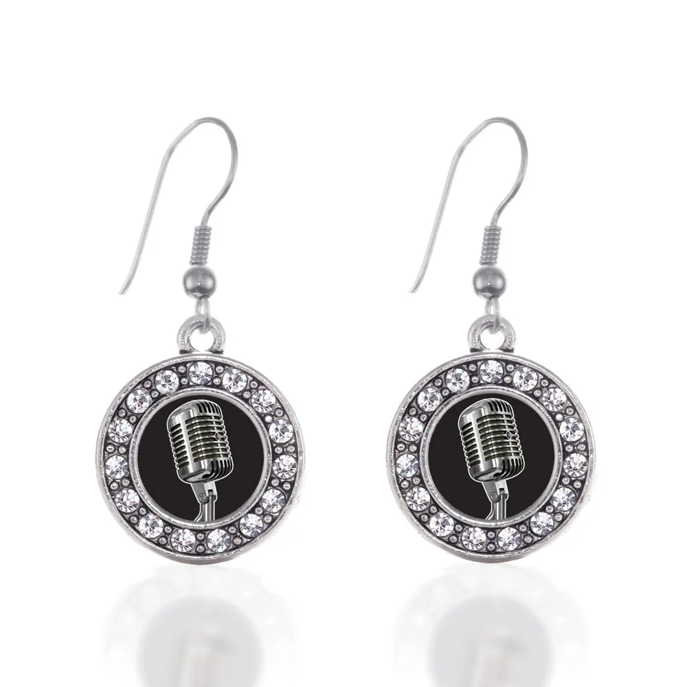 Silver Microphone Circle Charm Dangle Earrings