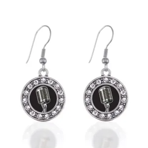 Silver Microphone Circle Charm Dangle Earrings