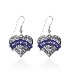 Silver Navy Blue Matron Pave Heart Charm Dangle Earrings