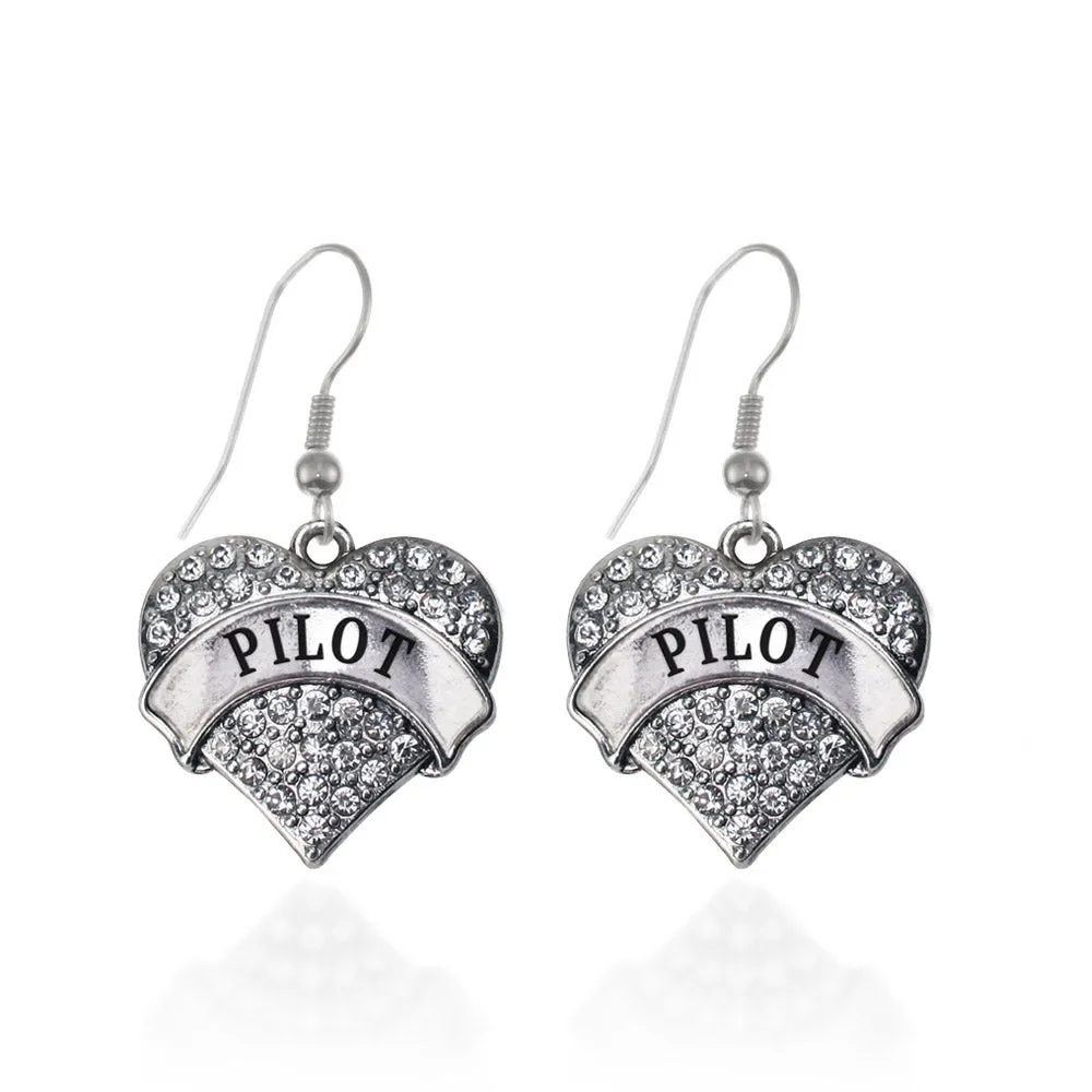 Silver Pilot Pave Heart Charm Dangle Earrings