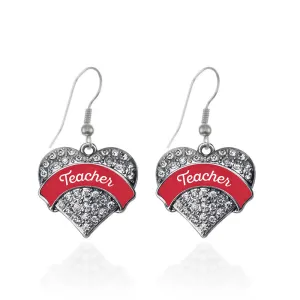 Silver Red Teacher Pave Heart Charm Dangle Earrings