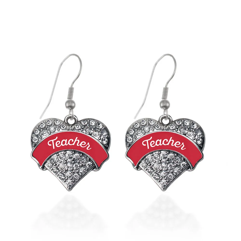 Silver Red Teacher Pave Heart Charm Dangle Earrings