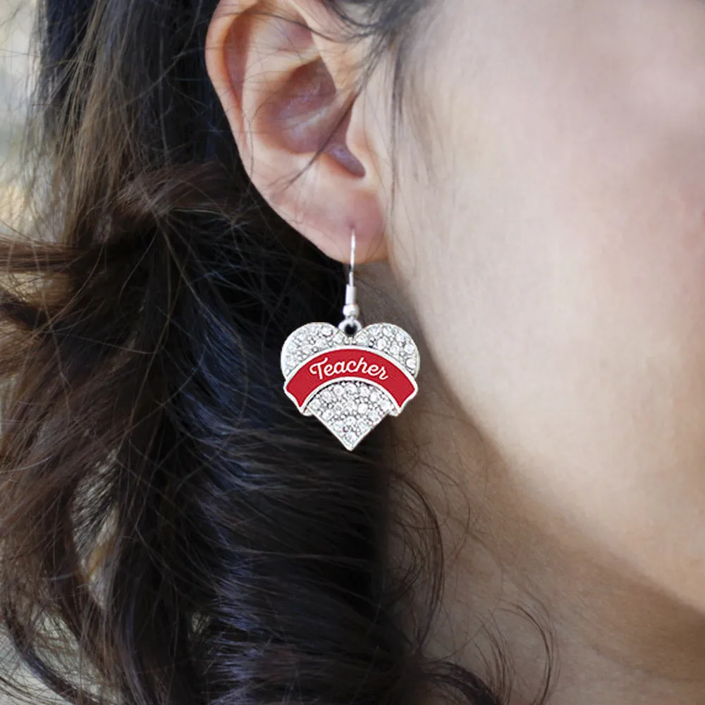 Silver Red Teacher Pave Heart Charm Dangle Earrings