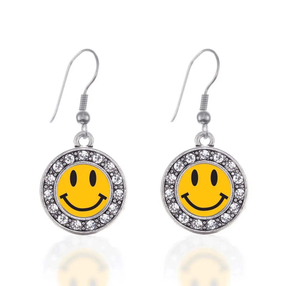 Silver Smiley Face Circle Charm Dangle Earrings