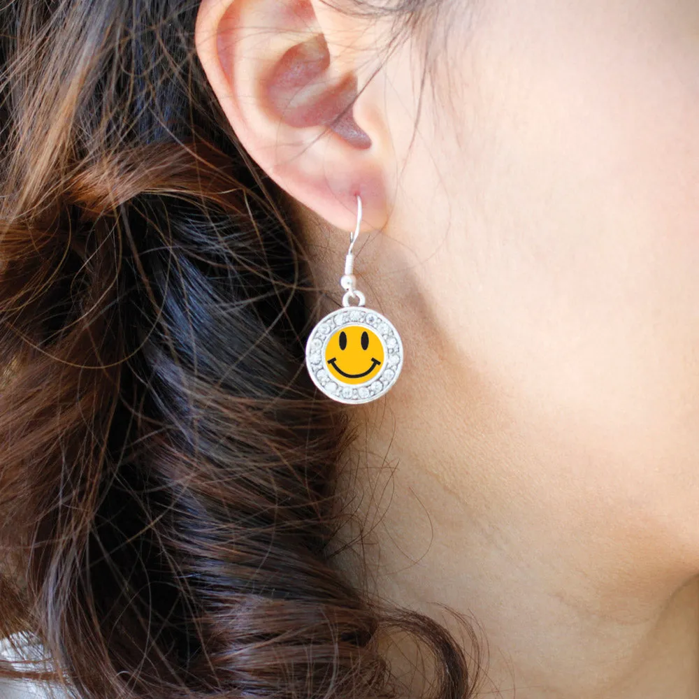 Silver Smiley Face Circle Charm Dangle Earrings