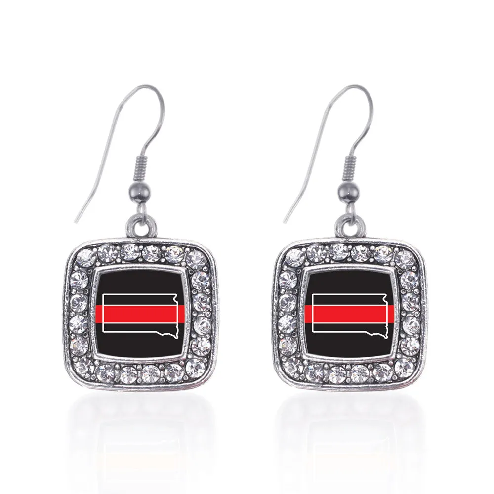 Silver South Dakota Thin Red Line Square Charm Dangle Earrings