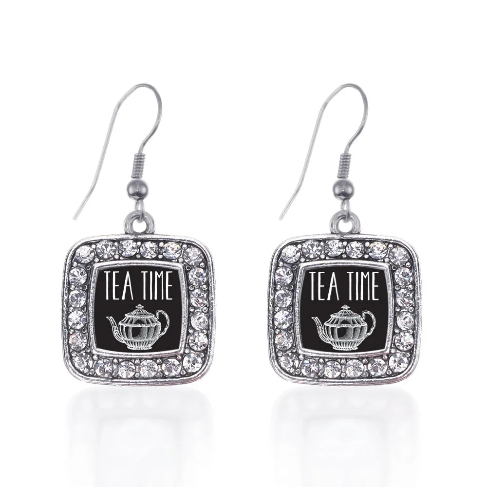 Silver Tea Time Square Charm Dangle Earrings