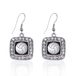 Silver Volleyball Square Charm Dangle Earrings