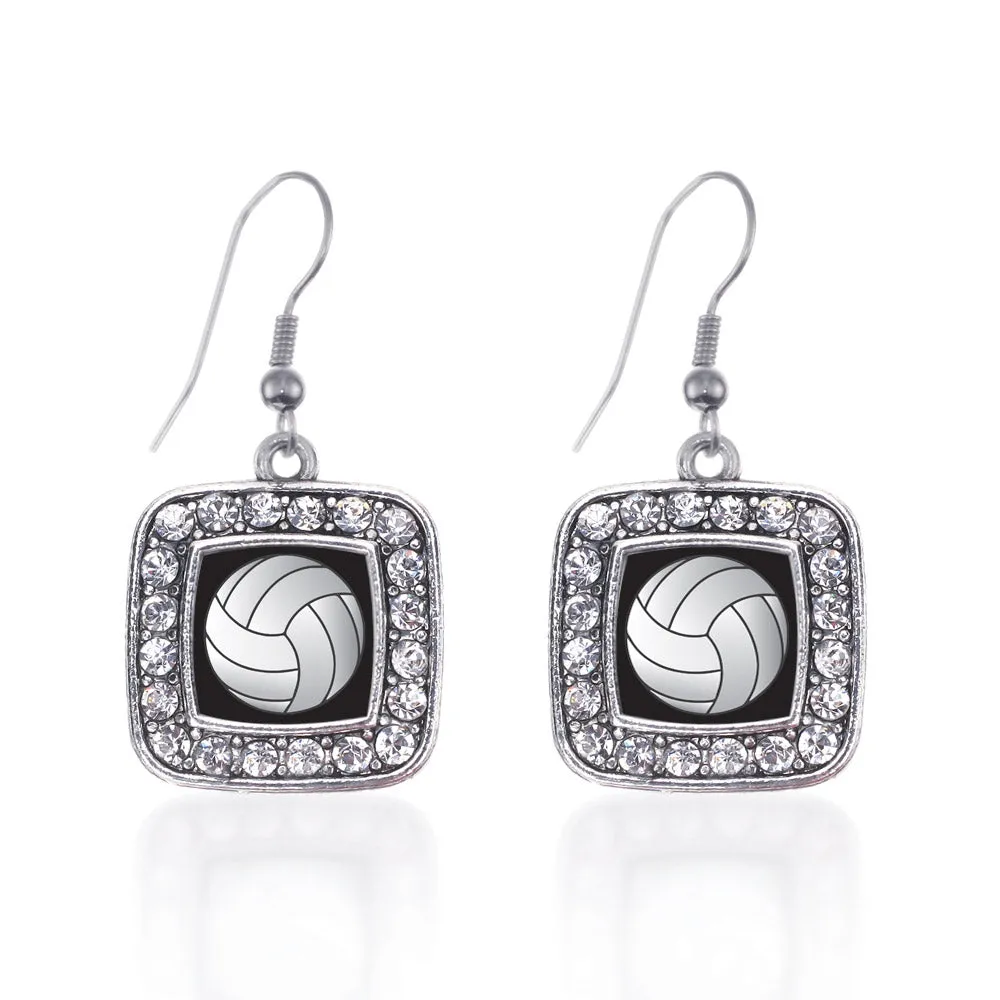 Silver Volleyball Square Charm Dangle Earrings