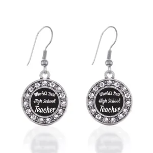 Silver World's Best High School Teacher Circle Charm Dangle Earrings