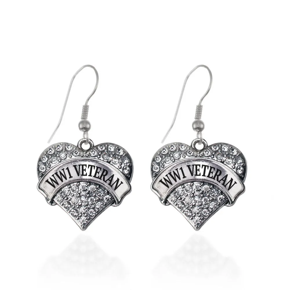 Silver WW1 Veteran Pave Heart Charm Dangle Earrings