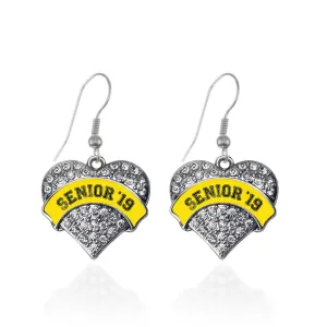 Silver Yellow Senior 2019 Pave Heart Charm Dangle Earrings