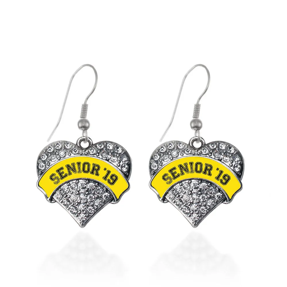 Silver Yellow Senior 2019 Pave Heart Charm Dangle Earrings