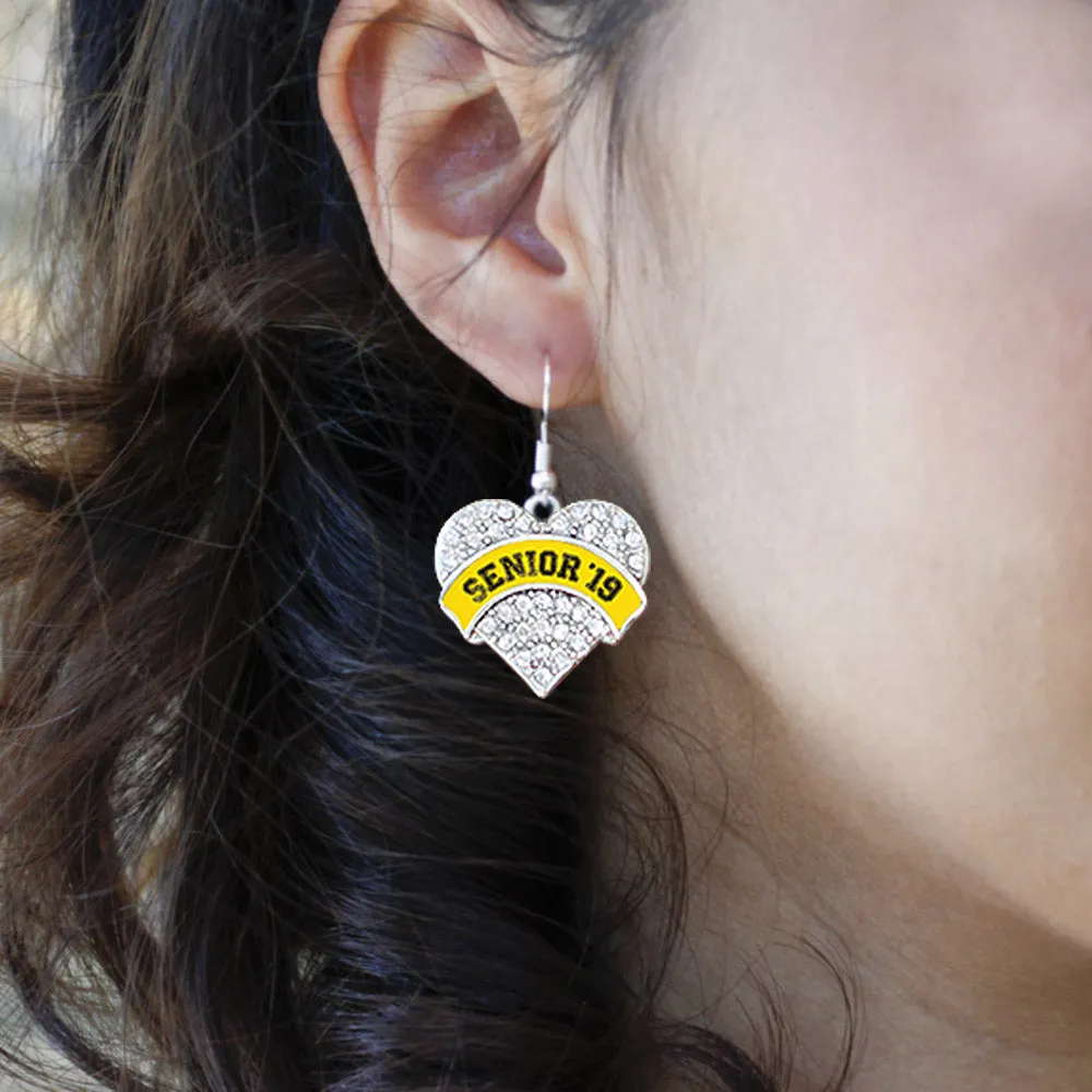 Silver Yellow Senior 2019 Pave Heart Charm Dangle Earrings