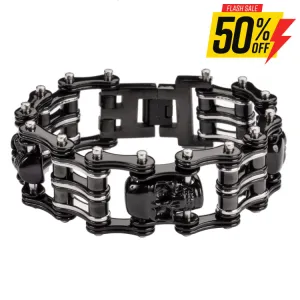 SK1170 Two Tone Black Silver 1" Wide 3 Skulls Unisex Stainless Steel Motorcycle Skull Chain Bracelet