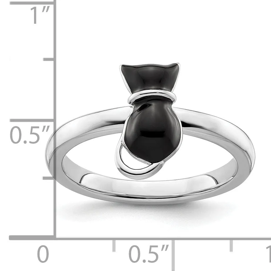 Sterling Silver Black Enameled Cat Ring