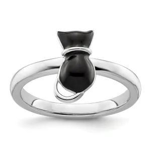 Sterling Silver Black Enameled Cat Ring