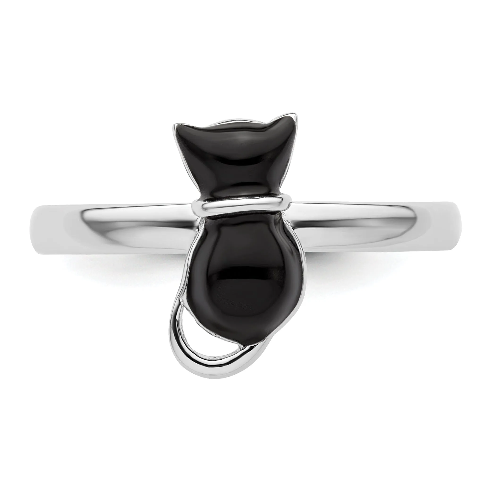 Sterling Silver Black Enameled Cat Ring