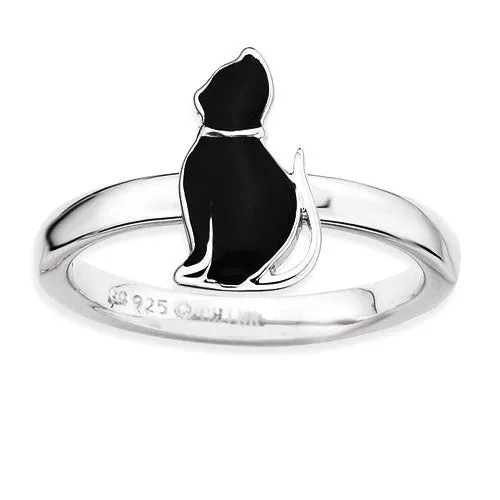 Sterling Silver Stackable Expressions Black Enameled Cat Ring