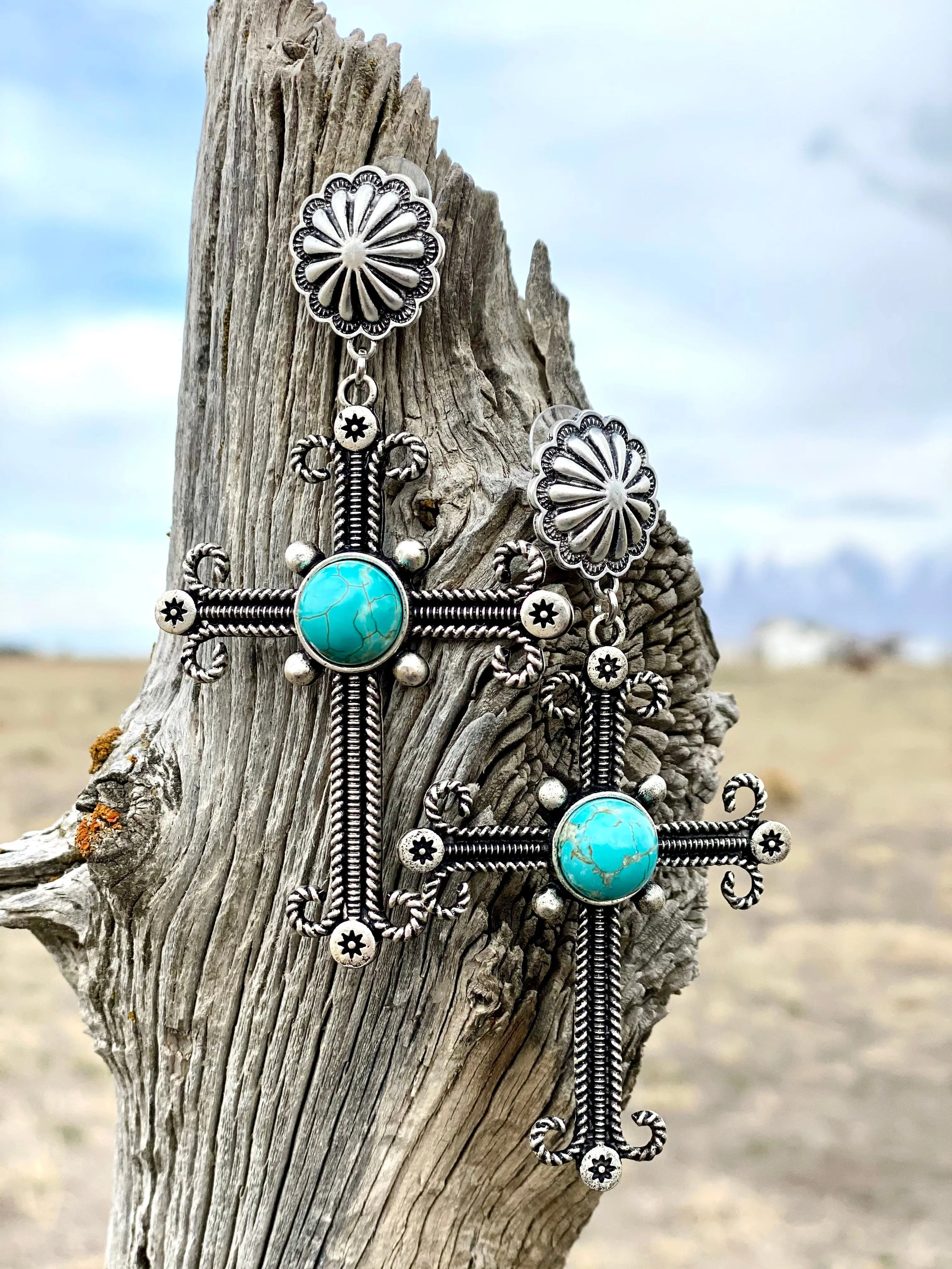 The Be My Vintage Silver & Turquoise Cross Earrings