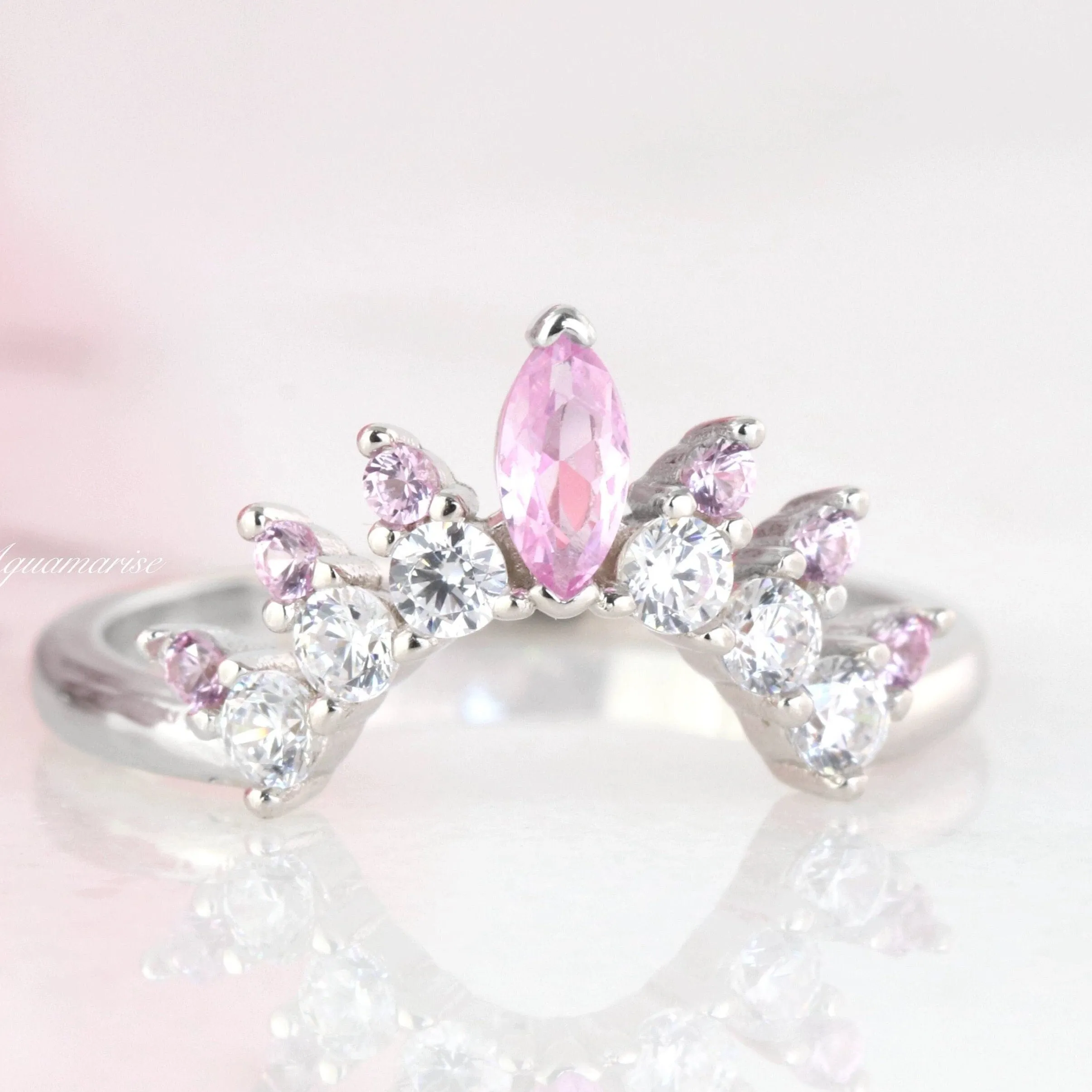 Tiara Pink Sapphire Curved Band- Sterling Silver