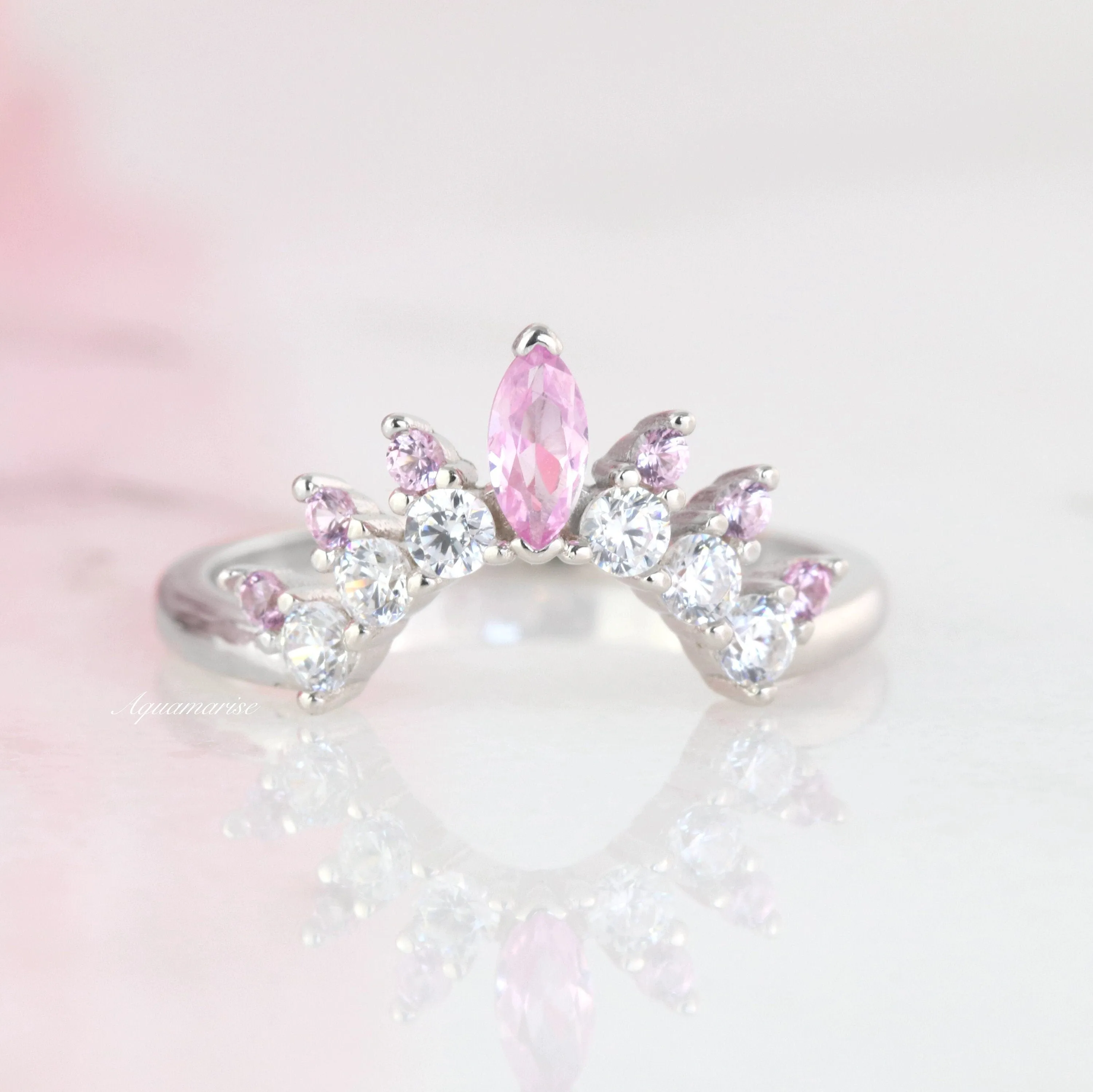 Tiara Pink Sapphire Curved Band- Sterling Silver