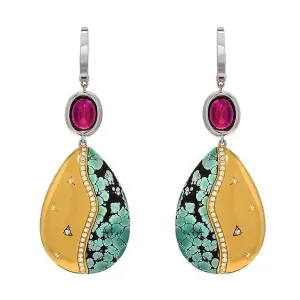 Turquoise Rubelite Tourmaline Diamond Gold Drop Earrings