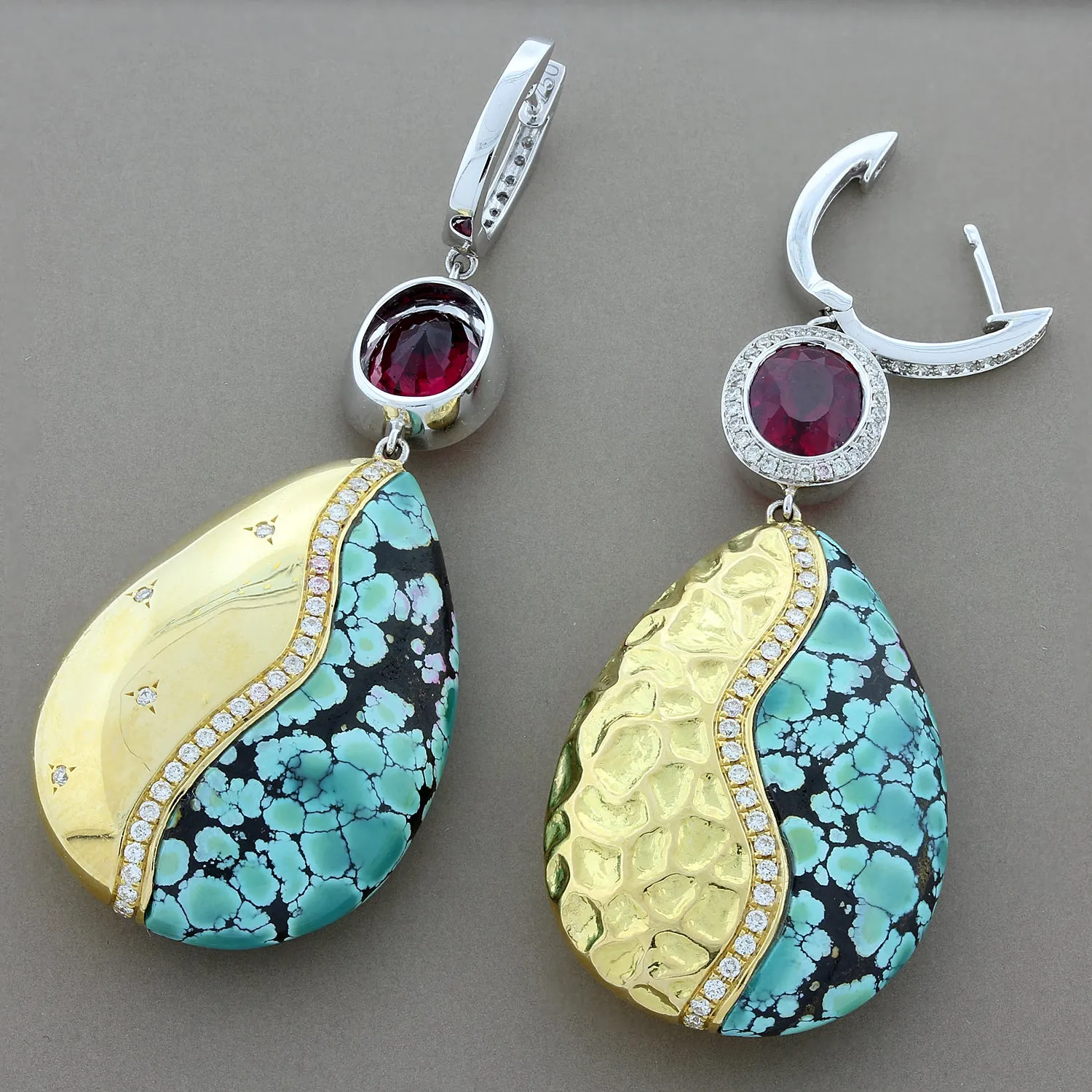 Turquoise Rubelite Tourmaline Diamond Gold Drop Earrings