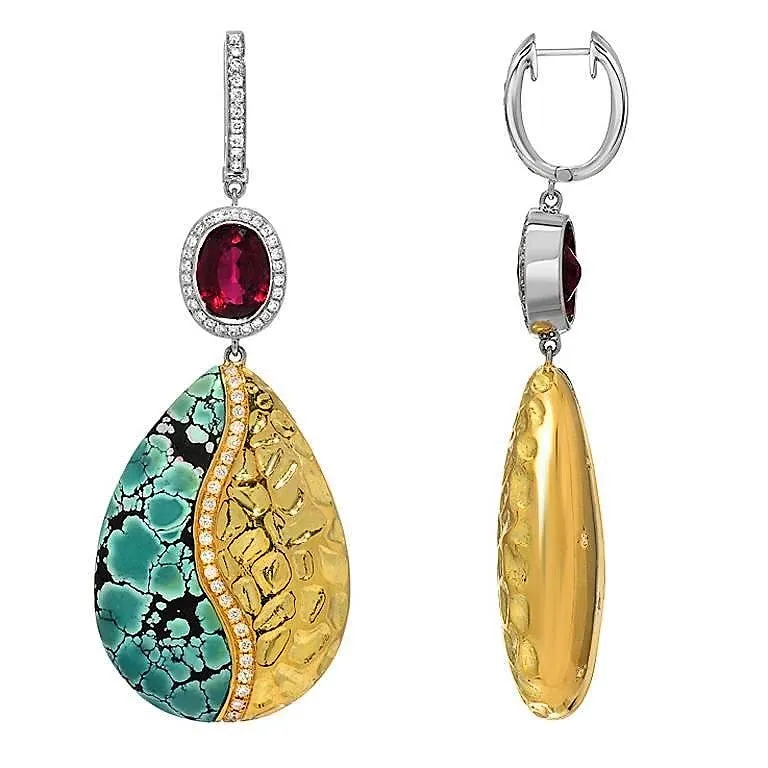 Turquoise Rubelite Tourmaline Diamond Gold Drop Earrings