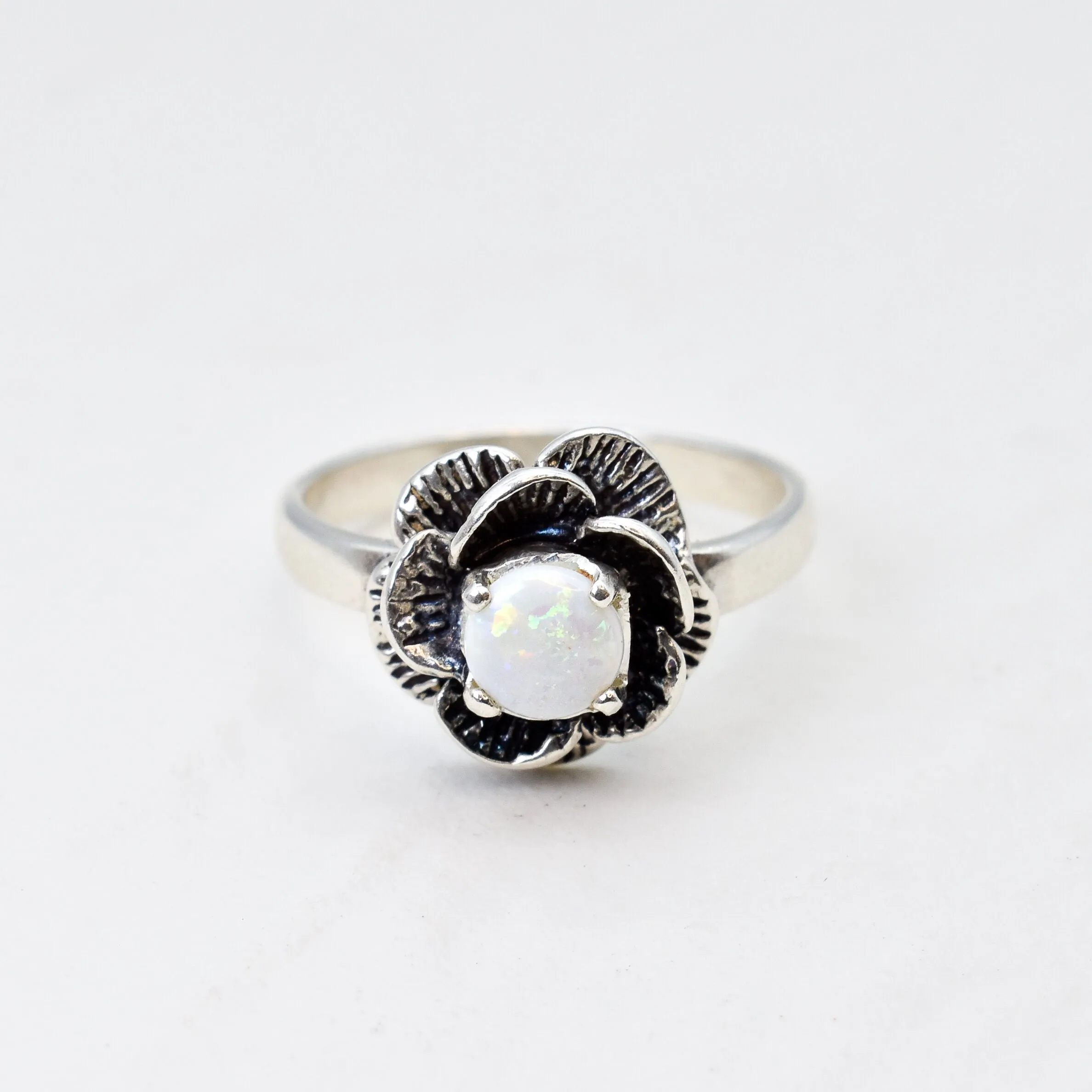 White Flower Ring - Natural Australian Opal Ring - Vintage Flower Ring